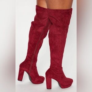 🆕 Fashion Nova! WIDE CALF 11WW Deep Red Thigh-High Boots - New in box!